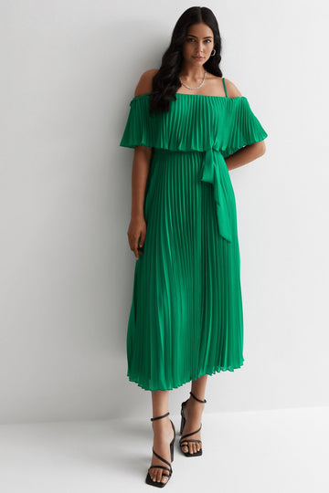 Pleated Bardot Midaxi Dress